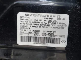 2018 Infiniti Q50 Luxe with VIN JN1EV7AP1JM362931, listed as a IAAI auction lot 41667394 with Not Provided miles and . Bid and sale history available at DreamBid. Image 9.