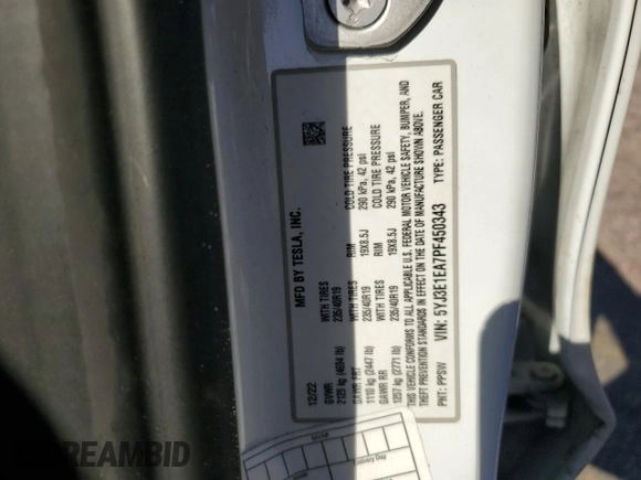 2023 Tesla Model 3 with VIN 5YJ3E1EA7PF450343, listed as a Copart auction lot 52446595 with 36,137 mi miles and Salvage Title. Bid and sale history available at DreamBid. Image 12.
