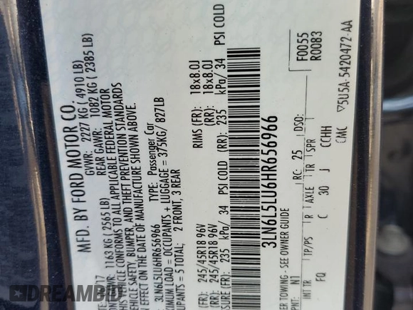 2017 Lincoln MKZ Hybrid Select with VIN 3LN6L5LU6HR656966, listed as a Copart auction lot 43932215 with 98,319 mi miles and Salvage Title. Bid and sale history available at DreamBid. Image 14.