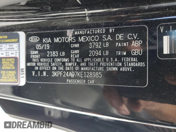 2019 Kia Forte LXS с VIN 3KPF24AD7KE128985, выставлен на аукционе Copart как лот 57393225 с пробегом 118 238 миль миль и Списание • Salvage title. История ставок и продаж доступна на DreamBid. Изображение 12.