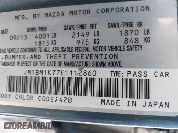 2014 Mazda 3 i Sport with VIN JM1BM1K77E1112860, listed as a IAAI auction lot 41331974 with 60,350 mi miles and . Bid and sale history available at carsss.com. Image 9.