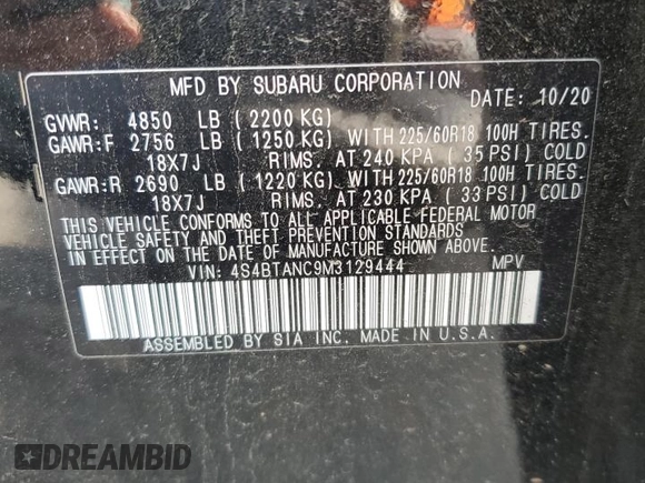 2021 Subaru Outback Limited with VIN 4S4BTANC9M3129444, listed as a Copart auction lot 58320625 with 78,984 mi miles and Salvage title. Bid and sale history available at DreamBid. Image 14.