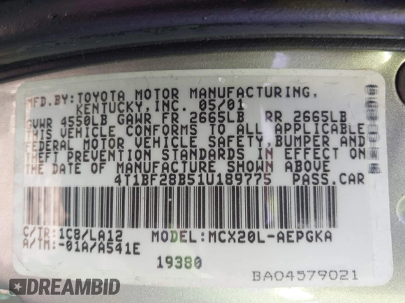 2001 Toyota Avalon XL z VIN 4T1BF28B51U189775, wystawiony jako IAAI lot #41970356 z przebiegiem 247 969 mil mil oraz . Historia ofert i sprzedaży dostępna na DreamBid. Obrazek 9.
