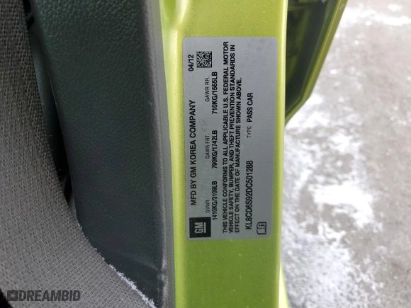 2013 Chevrolet Spark LT with VIN KL8CD6S92DC501288, listed as a Copart auction lot 89262165 with 0 mi miles and Salvage Title. Bid and sale history available at carsss.com. Image 13.
