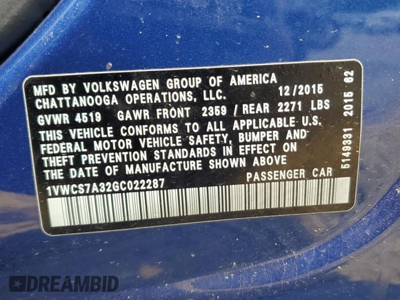 2016 Volkswagen Passat SEL Premium z VIN 1VWCS7A32GC022287, wystawiony jako Copart lot #57116525 z przebiegiem 71 309 mil mil oraz Szkoda całkowita • Salvage title. Historia ofert i sprzedaży dostępna na DreamBid. Obrazek 12.
