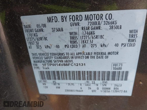 2008 Ford F-150 XLT with VIN 1FTPW14V88FC12131, listed as a IAAI auction lot 42787324 with 203,951 mi miles and . Bid and sale history available at DreamBid. Image 9.