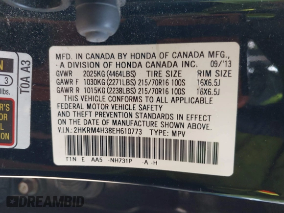 2014 Honda CR-V LX with VIN 2HKRM4H38EH610773, listed as a IAAI auction lot 41833407 with 189,142 mi miles. Bid and sale history available at carsss.com. Image 9.