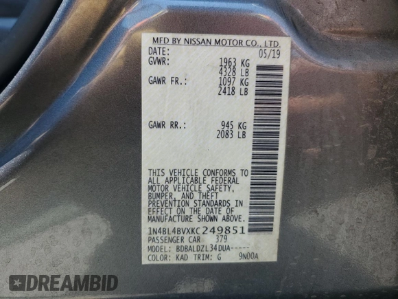 2019 Nissan Altima S z VIN 1N4BL4BVXKC249851, wystawiony jako Copart lot #57879115 z przebiegiem 111 561 mil mil oraz Szkoda całkowita • Salvage title. Historia ofert i sprzedaży dostępna na DreamBid. Obrazek 12.