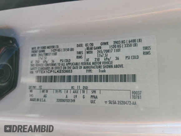2020 Ford F-150 XL z VIN 1FTEX1CP1LKE53603, wystawiony jako Copart lot #48457265 z przebiegiem 92 765 mil mil oraz Szkoda całkowita • Salvage title. Historia ofert i sprzedaży dostępna na DreamBid. Obrazek 12.