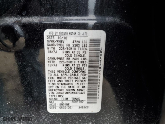 2019 Nissan Rogue SV with VIN JN8AT2MV3KW382428, listed as a Copart auction lot 44080485 with 68,054 mi miles and Salvage Title. Bid and sale history available at carsss.com. Image 13.