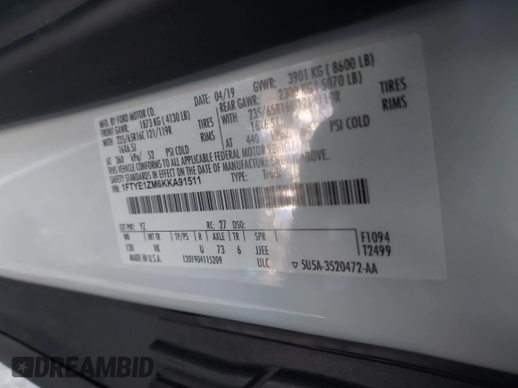 2019 Ford Transit with VIN 1FTYE1ZM6KKA91511, listed as a IAAI auction lot 41300065 with Not Provided miles and . Bid and sale history available at carsss.com. Image 9.