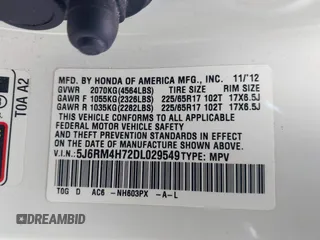 2013 Honda CR-V EX-L with VIN 5J6RM4H72DL029549, listed as a IAAI auction lot 42166574 with 183,689 mi miles. Bid and sale history available at carsss.com. Image 9.