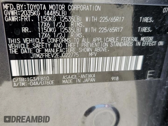 2014 Toyota RAV4 LE z VIN JTMZFREV2EJ022775, wystawiony jako Copart lot #60929055 z przebiegiem 80 532 mil mil oraz Szkoda całkowita • Salvage title. Historia ofert i sprzedaży dostępna na DreamBid. Obrazek 13.