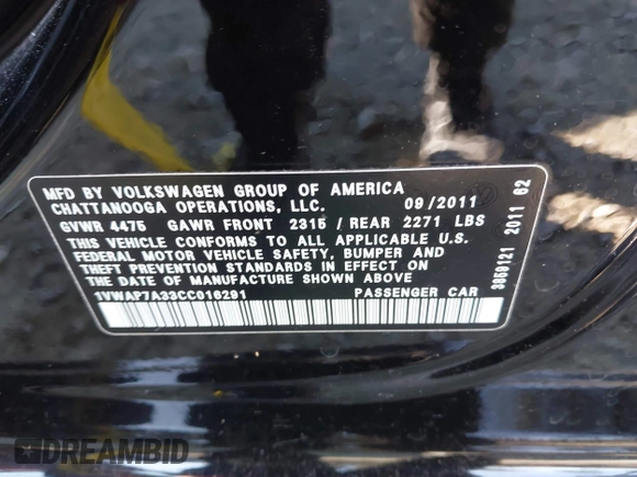 2012 Volkswagen Passat S with VIN 1VWAP7A33CC016291, listed as a IAAI auction lot 41394584 with 245,988 mi miles and . Bid and sale history available at DreamBid. Image 9.