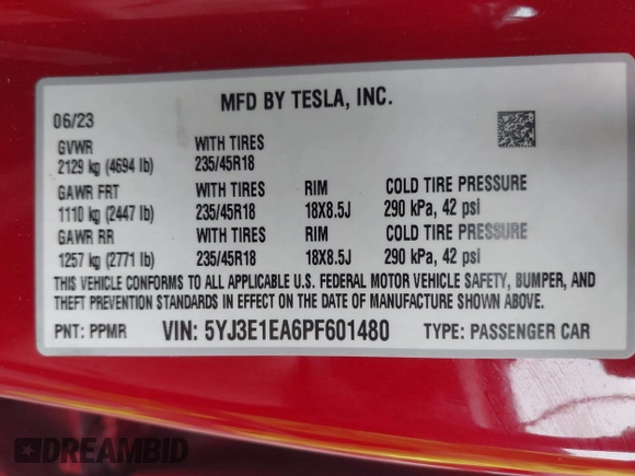 2023 Tesla Model 3 с VIN 5YJ3E1EA6PF601480, выставлен на аукционе IAAI как лот 42291689 с пробегом 21 565 миль миль и . История ставок и продаж доступна на DreamBid. Изображение 9.