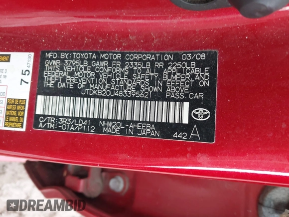 2008 Toyota Prius with VIN JTDKB20U483395621, listed as a IAAI auction lot 42106664 with 208,260 mi miles. Bid and sale history available at carsss.com. Image 9.