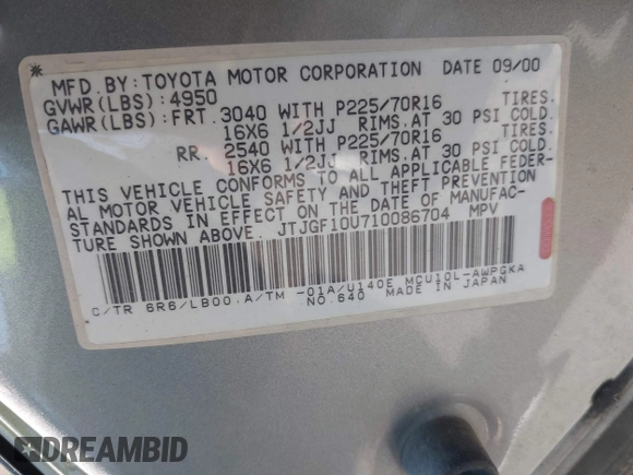 2001 Lexus RX 300 with VIN JTJGF10U710086704, listed as a IAAI auction lot 42183875 with 221,612 mi miles and . Bid and sale history available at DreamBid. Image 9.