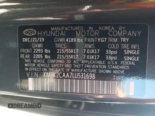 2020 Hyundai Kona SEL with VIN KM8K2CAA7LU531698, listed as a Copart auction lot 49087601 with 27,170 mi miles. Bid and sale history available at carsss.com. Image 10.