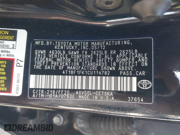 2012 Toyota Camry L with VIN 4T1BF1FK1CU114782, listed as a IAAI auction lot 41844323 with 211,640 mi miles and . Bid and sale history available at DreamBid. Image 9.