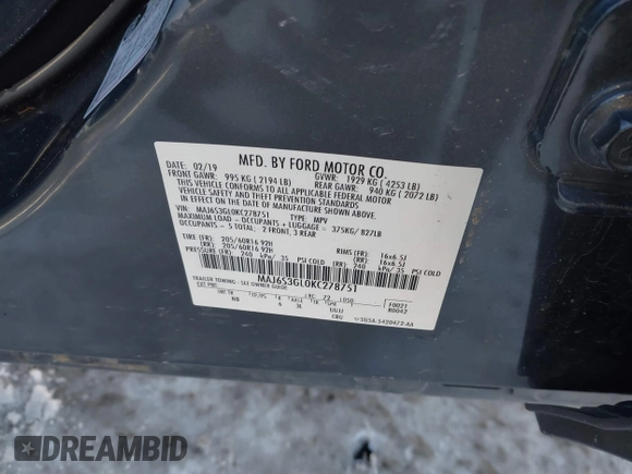 2019 Ford EcoSport SE with VIN MAJ6S3GL0KC278751, listed as a IAAI auction lot 41829439 with 45,900 mi miles and . Bid and sale history available at DreamBid. Image 9.