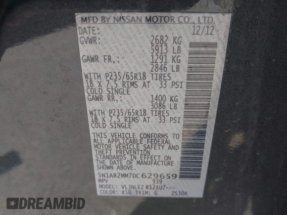 2013 Nissan Pathfinder SV with VIN 5N1AR2MM7DC629659, listed as a IAAI auction lot 41584506 with 213,884 mi miles. Bid and sale history available at carsss.com. Image 9.