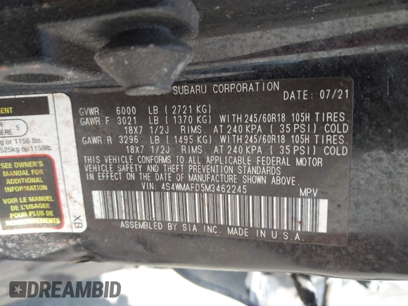 2021 Subaru Ascent Premium with VIN 4S4WMAFD5M3462245, listed as a IAAI auction lot 42110493 with Not provided miles and . Bid and sale history available at DreamBid. Image 9.