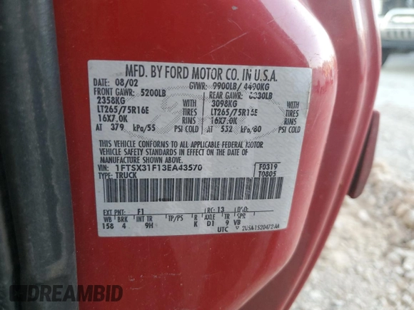 2003 Ford F-350 XL with VIN 1FTSX31F13EA43570, listed as a Copart auction lot 75846254 with 533,541 mi miles and Salvage Title. Bid and sale history available at DreamBid. Image 14.