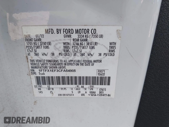2012 Ford F-150 XL with VIN 1FTFX1EF3CFA54905, listed as a IAAI auction lot 42260277 with 238,632 mi miles and . Bid and sale history available at DreamBid. Image 9.