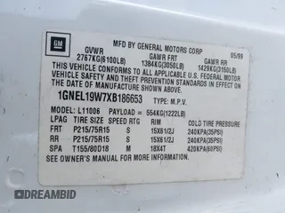 1999 Chevrolet Astro z VIN 1GNEL19W7XB186653, wystawiony jako IAAI lot #42432120 z przebiegiem 413 792 mil mil oraz . Historia ofert i sprzedaży dostępna na DreamBid. Obrazek 9.