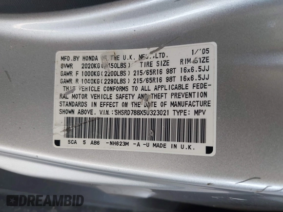 2005 Honda CR-V EX with VIN SHSRD788X5U323021, listed as a IAAI auction lot 42034641 with 154,206 mi miles. Bid and sale history available at carsss.com. Image 9.