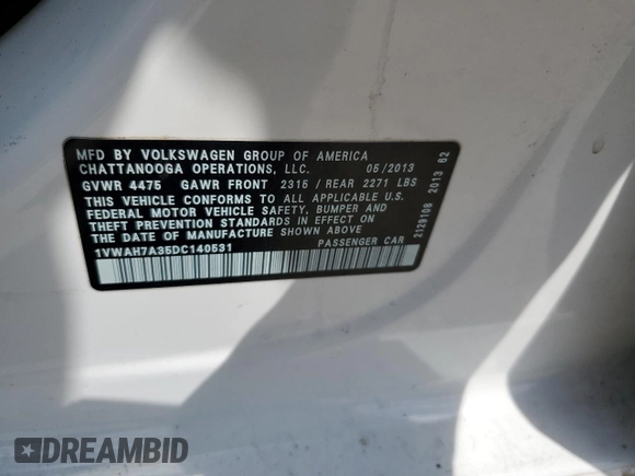 2013 Volkswagen Passat Wolfsburg Edition with VIN 1VWAH7A35DC140531, listed as a Copart auction lot 63441455 with 135,946 mi miles and Salvage title. Bid and sale history available at DreamBid. Image 12.