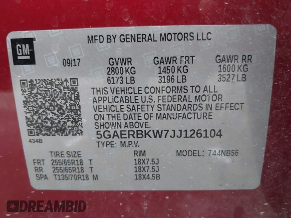 2018 Buick Enclave Essence with VIN 5GAERBKW7JJ126104, listed as a IAAI auction lot 41469801 with 123,213 mi miles and . Bid and sale history available at carsss.com. Image 9.