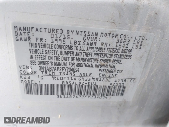 2015 Nissan Sentra SR with VIN 3N1AB7AP2FY234094, listed as a IAAI auction lot 42191314 with 127,960 mi miles and . Bid and sale history available at DreamBid. Image 9.