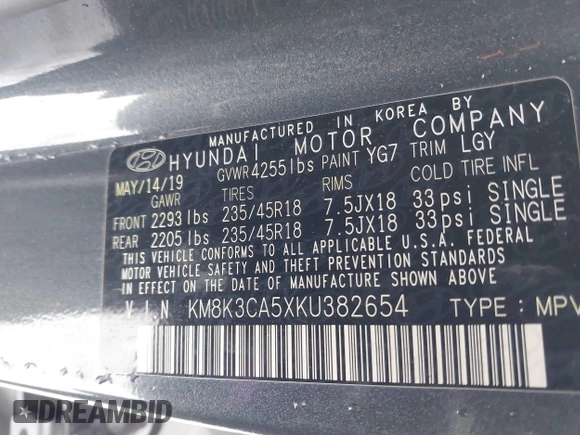 2019 Hyundai Kona Limited with VIN KM8K3CA5XKU382654, listed as a IAAI auction lot 41548709 with 82,089 mi miles. Bid and sale history available at carsss.com. Image 9.