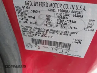 2003 Ford F-350 with VIN 1FTSF31P43ED16481, listed as a IAAI auction lot 41540850 with 232,601 mi miles and . Bid and sale history available at DreamBid. Image 9.