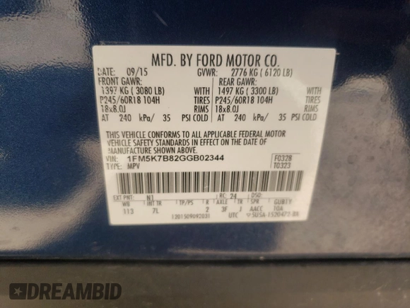2016 Ford Explorer with VIN 1FM5K7B82GGB02344, listed as a Copart auction lot 62352635 with 119,437 mi miles and Salvage title. Bid and sale history available at DreamBid. Image 14.