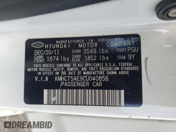 2012 Hyundai Accent GS with VIN KMHCT5AE9CU040856, listed as a Copart auction lot 59823684 with 147,947 mi miles and Non repairable. Bid and sale history available at DreamBid. Image 14.
