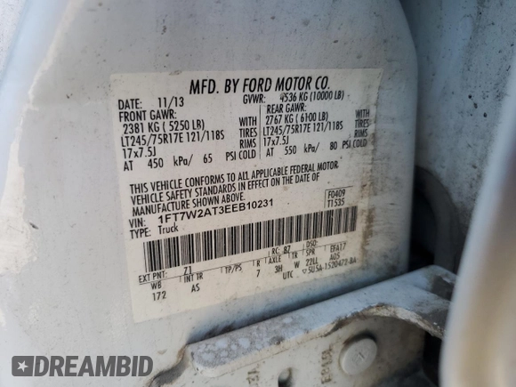 2014 Ford F-250 XL with VIN 1FT7W2AT3EEB10231, listed as a Copart auction lot 72242404 with 314,412 mi miles and Clean title. Bid and sale history available at DreamBid. Image 12.