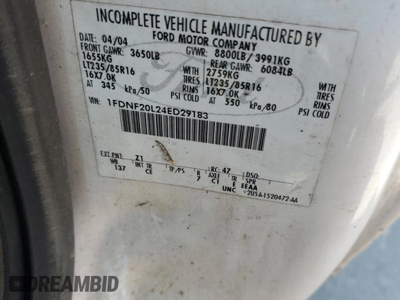 2004 Ford F-250 z VIN 1FDNF20L24ED29183, wystawiony jako Copart lot #61959525 z przebiegiem 217 046 mil mil oraz Szkoda całkowita • Salvage title. Historia ofert i sprzedaży dostępna na DreamBid. Obrazek 12.