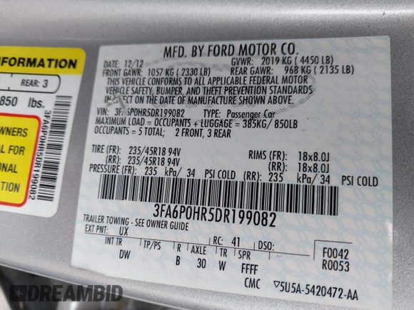 2013 Ford Fusion SE with VIN 3FA6P0HR5DR199082, listed as a IAAI auction lot 42191538 with 142,527 mi miles and . Bid and sale history available at DreamBid. Image 9.