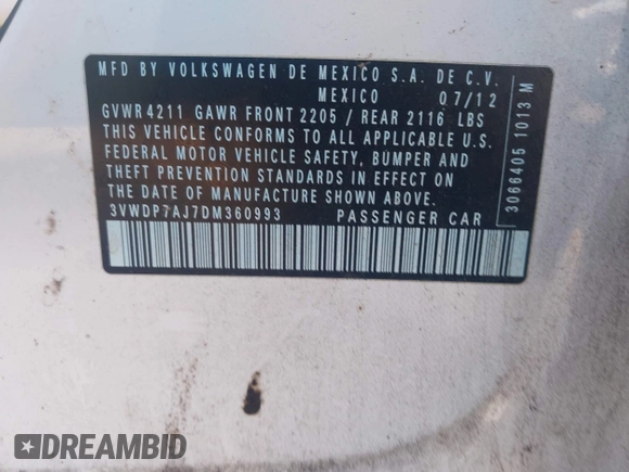 2013 Volkswagen Jetta SE with VIN 3VWDP7AJ7DM360993, listed as a IAAI auction lot 42242271 with 181,781 mi miles and . Bid and sale history available at DreamBid. Image 9.