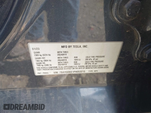 2023 Tesla Model Y Long Range with VIN 7SAYGDEE1PA053215, listed as a IAAI auction lot 41476973 with 58,025 mi miles and . Bid and sale history available at DreamBid. Image 9.