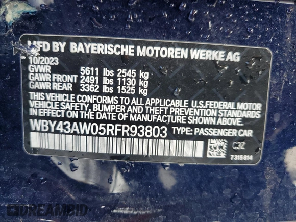 2024 BMW i4 eDrive35 with VIN WBY43AW05RFR93803, listed as a Copart auction lot 87611145 with 0 mi miles and Non Repairable. Bid and sale history available at carsss.com. Image 12.
