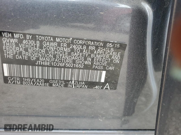2015 Lexus IS 350 with VIN JTHBE1D26F5021652, listed as a Copart auction lot 51479435 with 76,729 mi miles and Salvage title. Bid and sale history available at DreamBid. Image 13.