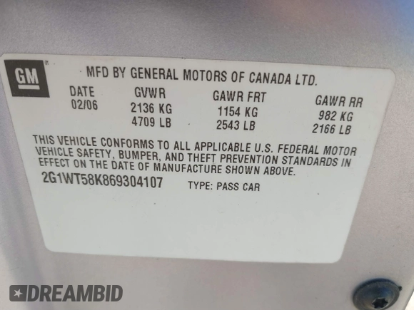 2006 Chevrolet Impala LT 3.5L with VIN 2G1WT58K869304107, listed as a IAAI auction lot 41743052 with 126,974 mi miles and . Bid and sale history available at DreamBid. Image 9.