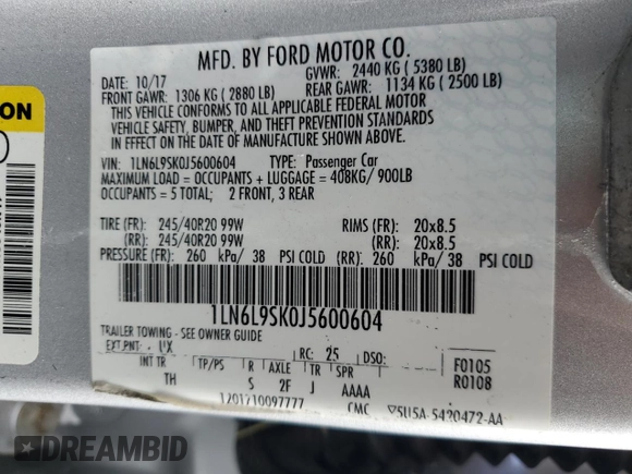 2018 Lincoln Continental Select with VIN 1LN6L9SK0J5600604, listed as a Copart auction lot 85613664 with 0 mi miles and Salvage Title. Bid and sale history available at carsss.com. Image 12.