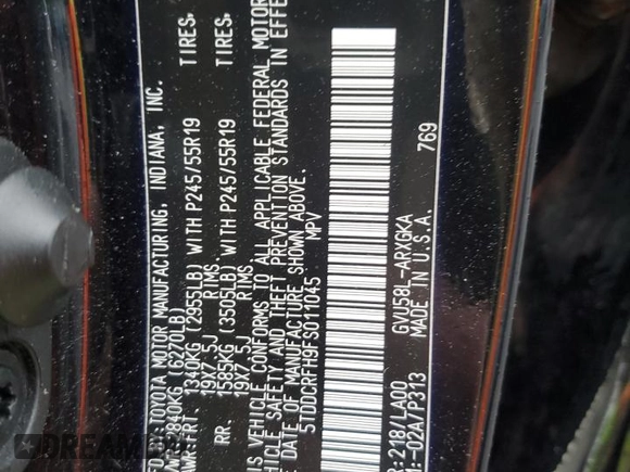 2015 Toyota Highlander Limited with VIN 5TDDCRFH9FS011045, listed as a Copart auction lot 55835605 with 160,639 mi miles and Salvage title. Bid and sale history available at DreamBid. Image 13.