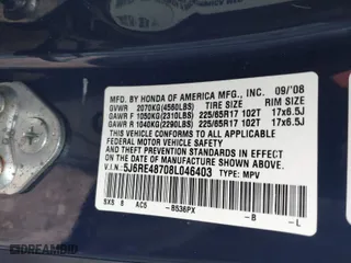 2008 Honda CR-V EX-L with VIN 5J6RE48708L046403, listed as a IAAI auction lot 41946095 with 199,605 mi miles. Bid and sale history available at carsss.com. Image 9.