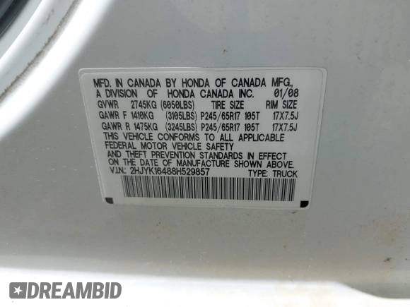 2008 Honda Ridgeline RTS z VIN 2HJYK16488H529857, wystawiony jako IAAI lot #42212085 z przebiegiem 183 097 mil mil oraz . Historia ofert i sprzedaży dostępna na DreamBid. Obrazek 9.