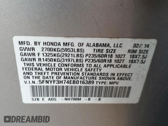 2014 Honda Pilot EX-L with VIN 5FNYF3H74EB016389, listed as a Copart auction lot 84341834 with 170,629 mi miles and Salvage Title. Bid and sale history available at carsss.com. Image 13.